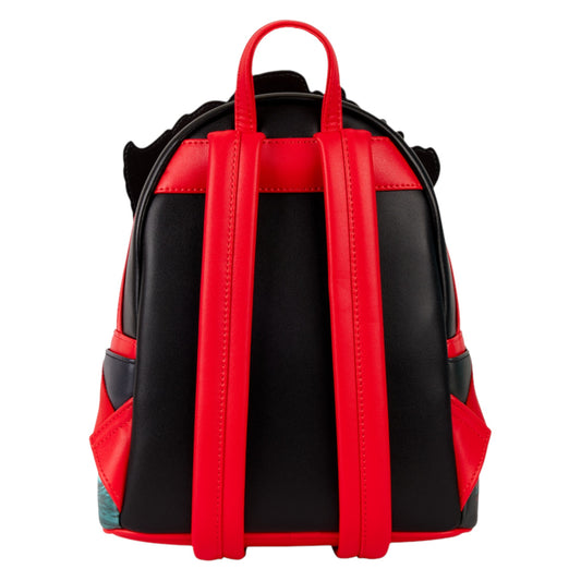 Back of Loungefly IT Pennywise Cosplay Light-Up Mini Backpack with red straps and black body on a white background