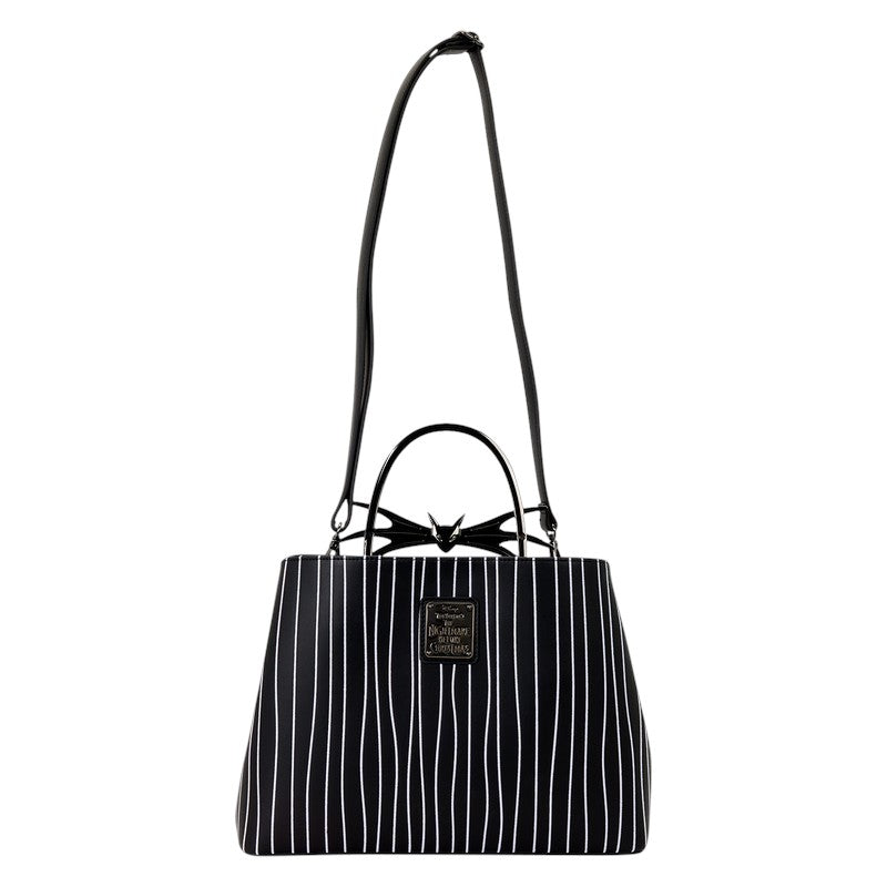 Jack Skellington Cosplay Glow Crossbody Bag with a bow detail on a white background