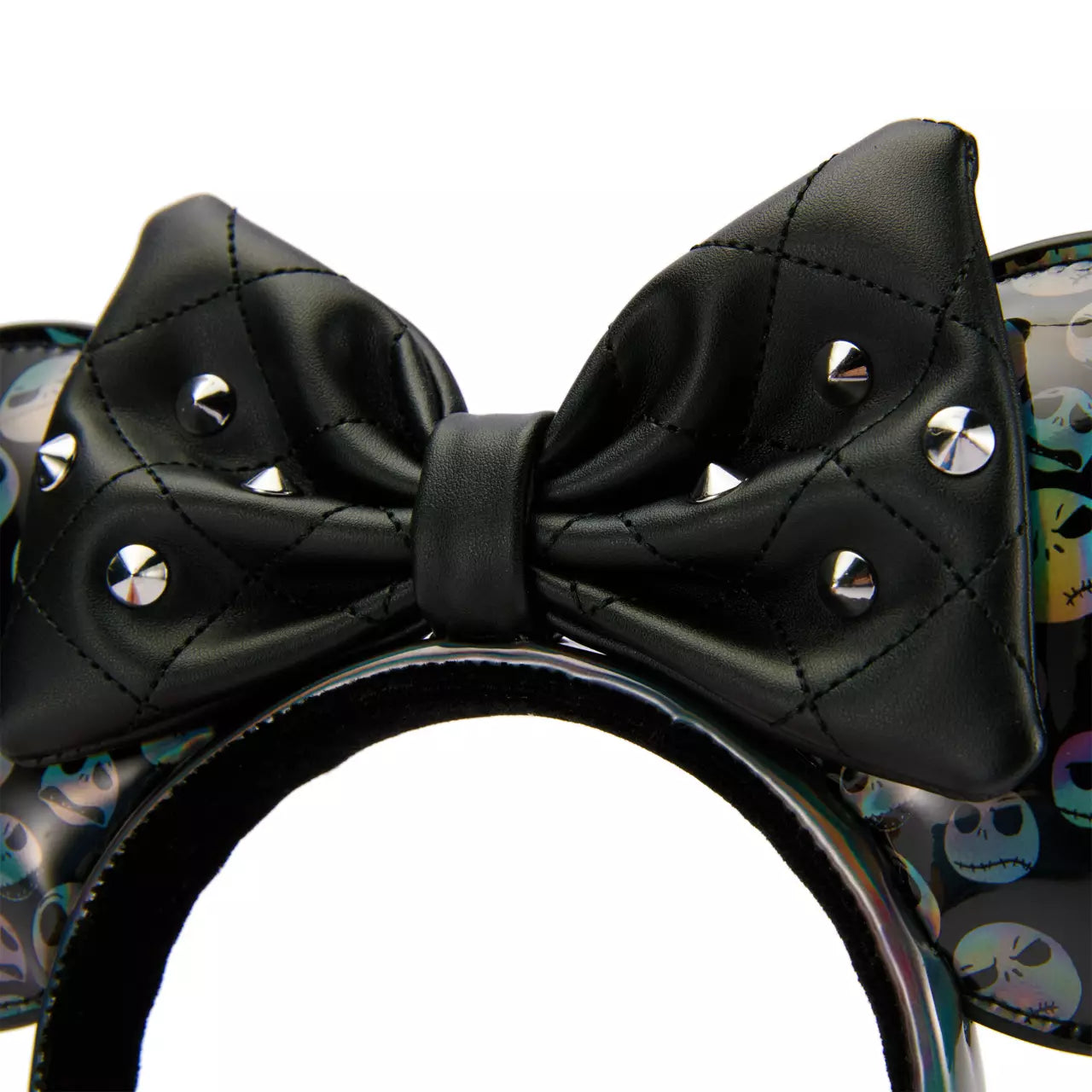 Black bow with studs on Jack Skellington Headband Ears with colorful skull design