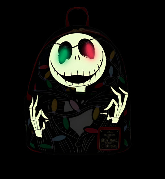 Backpack with light up Jack Skellington on a black background