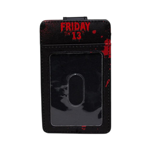 A black Friday the 13th themed card holder wallet with red blood-splatter details and the movie logo printed in red at the top, shown on a plain white background.