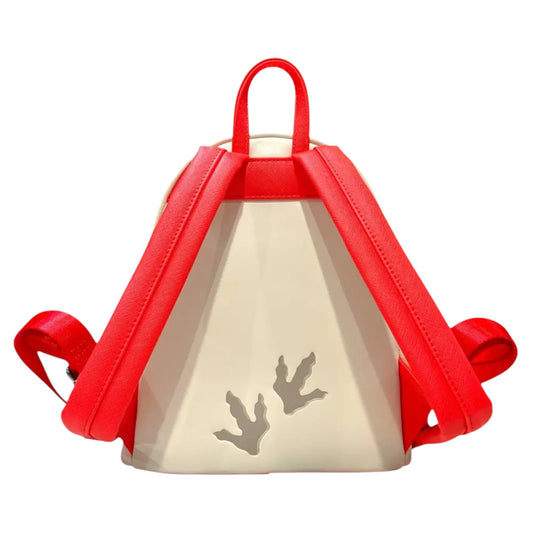 Red and beige backpack with dinosaur footprints on a white background