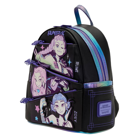 Black backpack with character illustrations on a white background