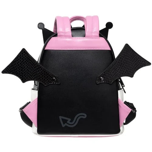 Black backpack with pink accents and bat wings on a white background