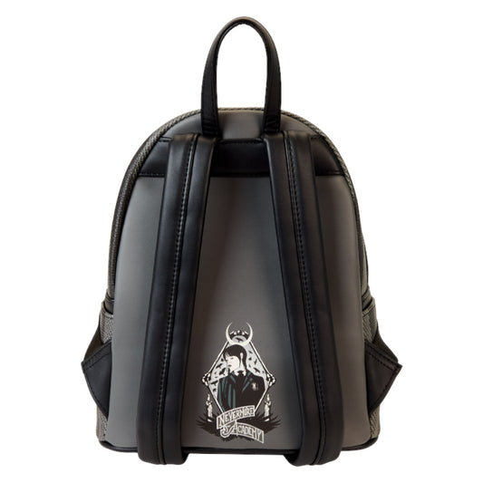 Black and gray backpack with a Wednesday Addams on a white background