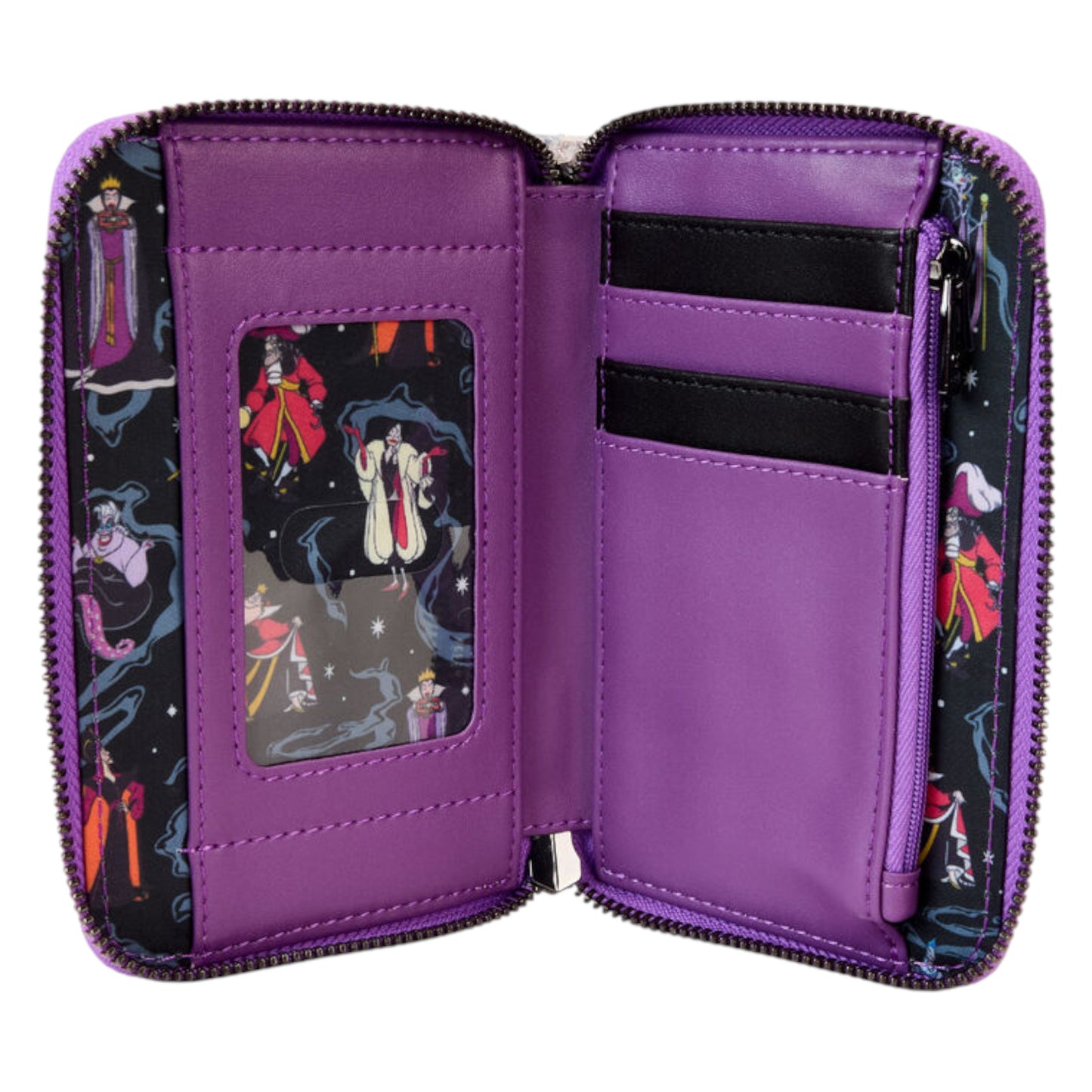 Purple wallet with Disney Villains character-themed zipper ends on a white background