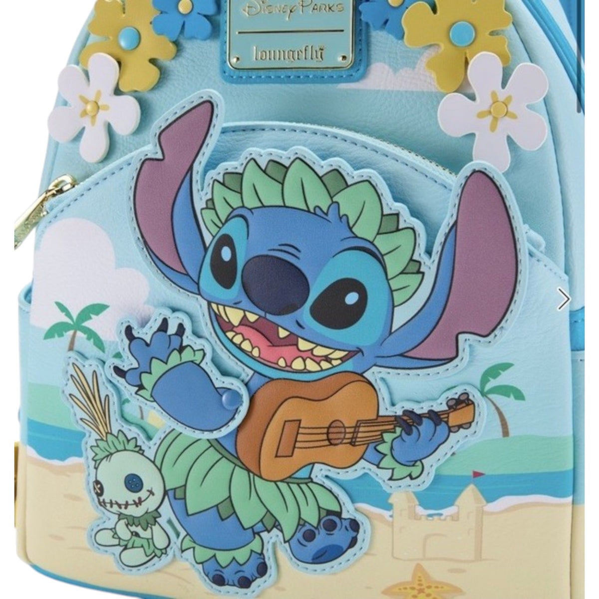 Backpack with Stitch Scrump Flowers Ukulele character design featuring flowers and a guitar