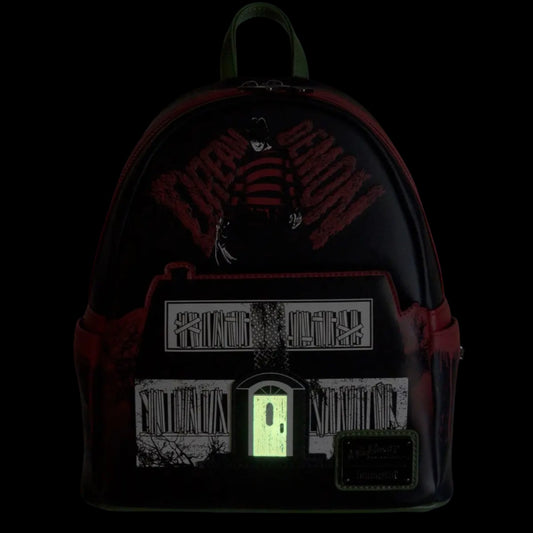 Glowing A Nightmare on Elm Street Freddy Mini Backpack with Elm Street house design glowing in the dark