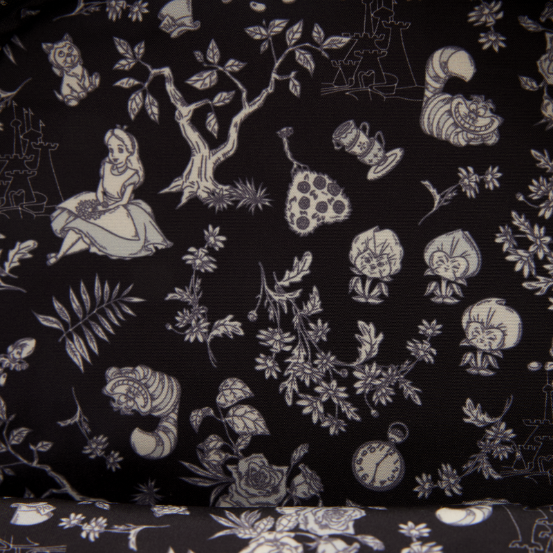Inside of Loungefly Alice in Wonderland Floral Mini Backpack with Alice in Wonderland character and floral patterns on a black background