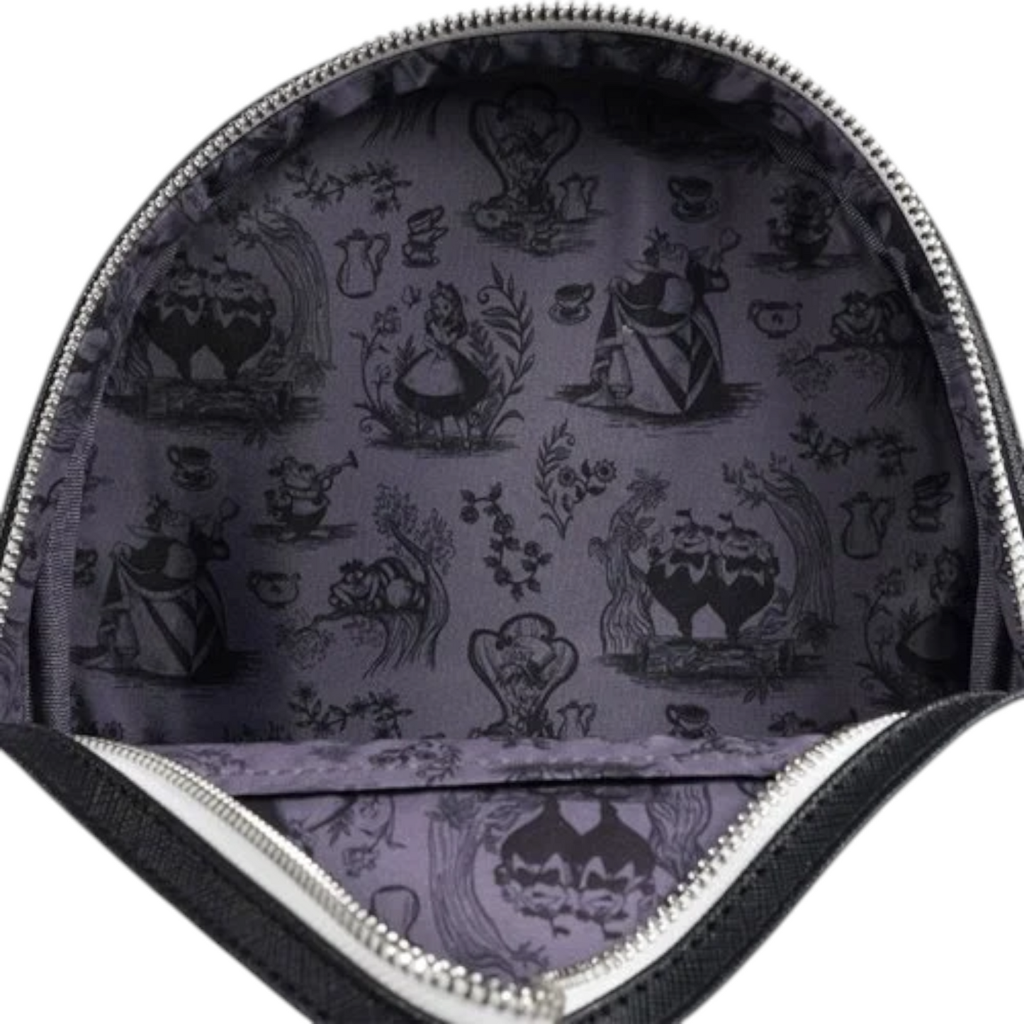 Inside of Loungefly Alice in Wonderland Sketch Mini Backpack with floral and character patterns on a white background