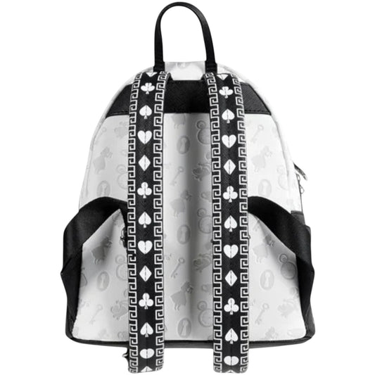 Back of Loungefly Alice in Wonderland Sketch Mini Backpack with black and white straps with symbol patterns on a white background