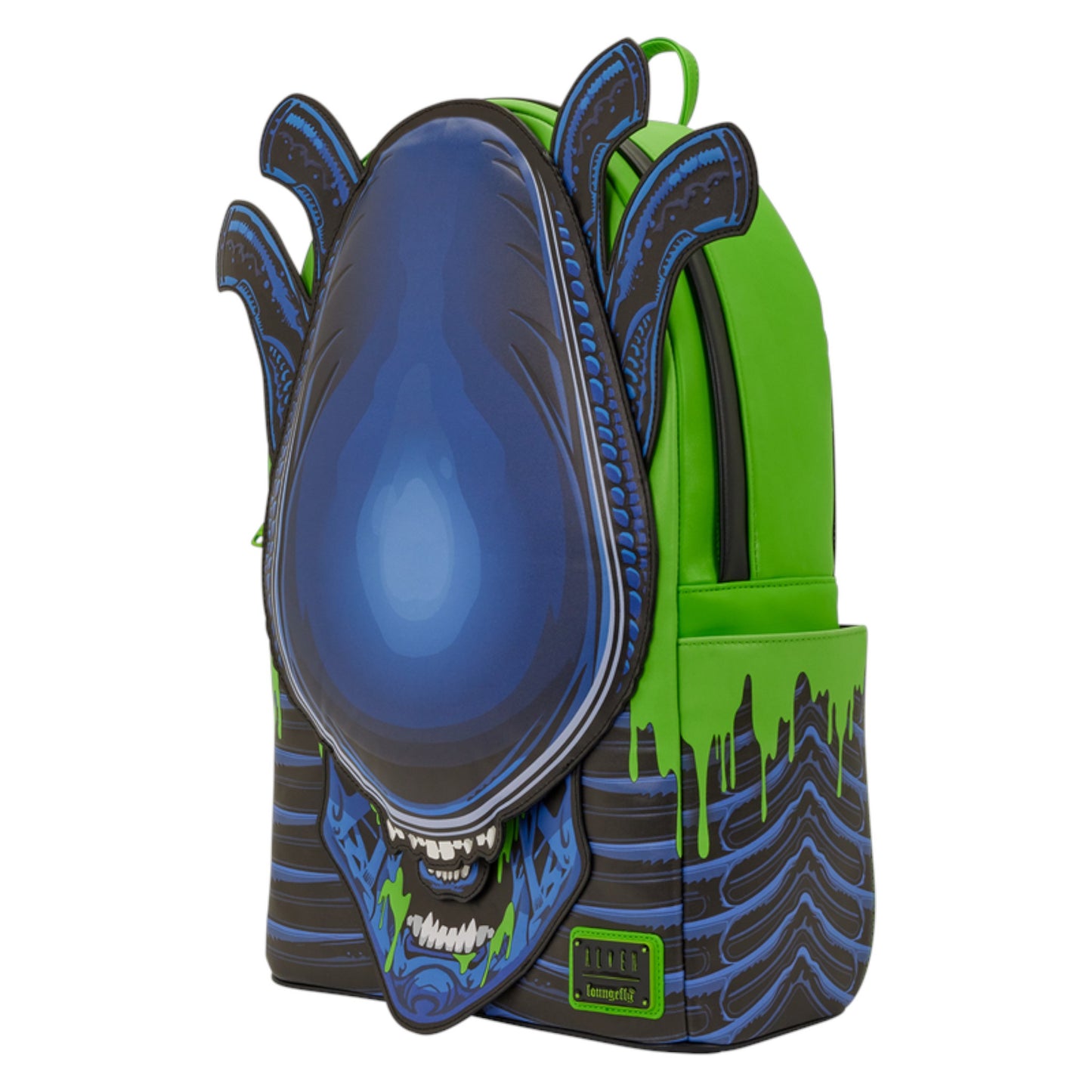 Backpack with blue and green Alien Xenomorph design on a white background