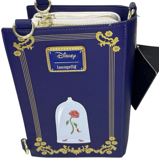 Blue Blue Beauty and the Beast Book Convertible backpack with Disney logo and rose design on a white background