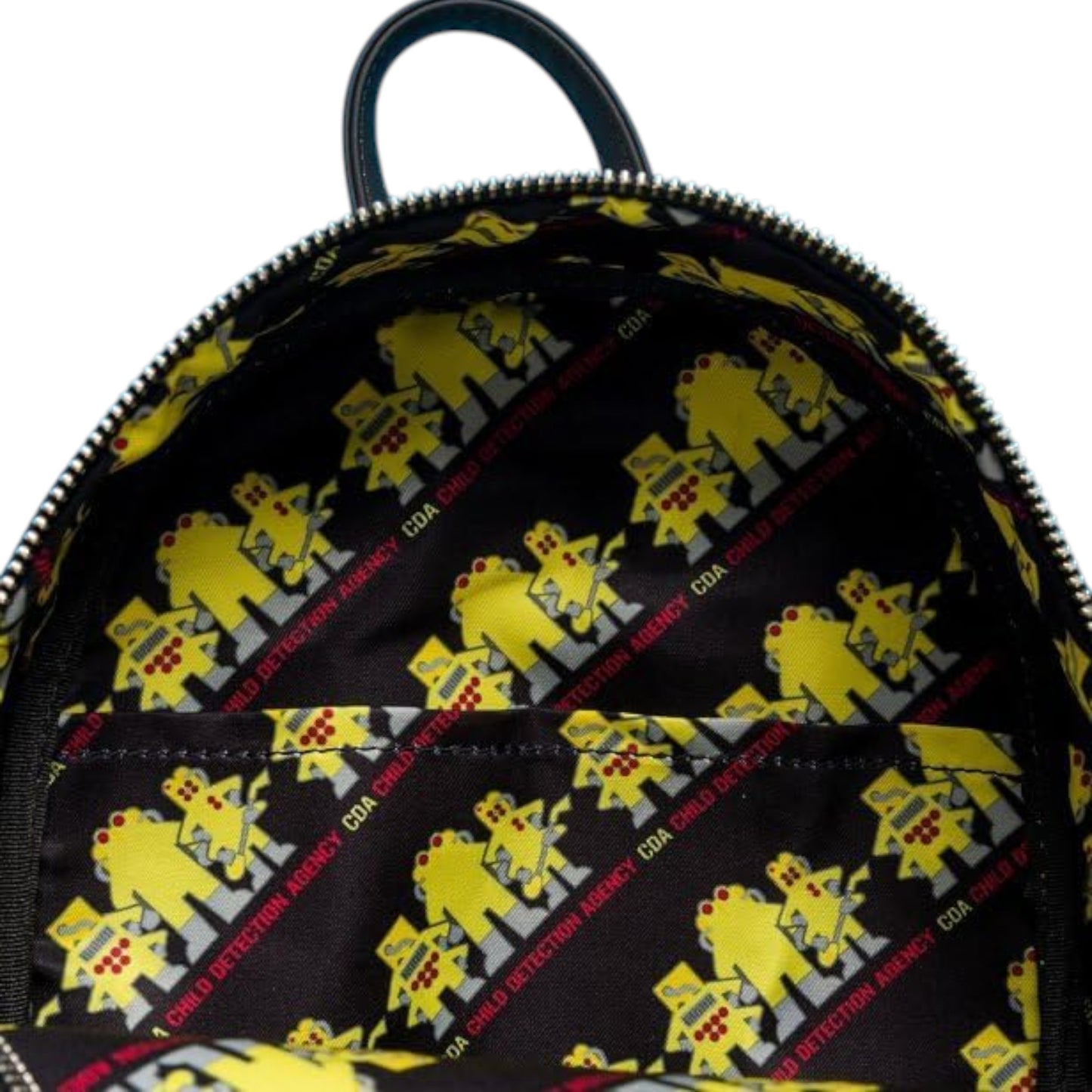 Backpack with yellow Monsters Inc CDA pattern on a black background