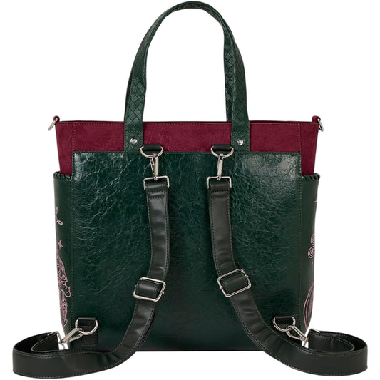 Back of Green and red Red and green Charmed Power of Three Convertible Backpack & Tote Crossbody Bag with detachable straps on a white background