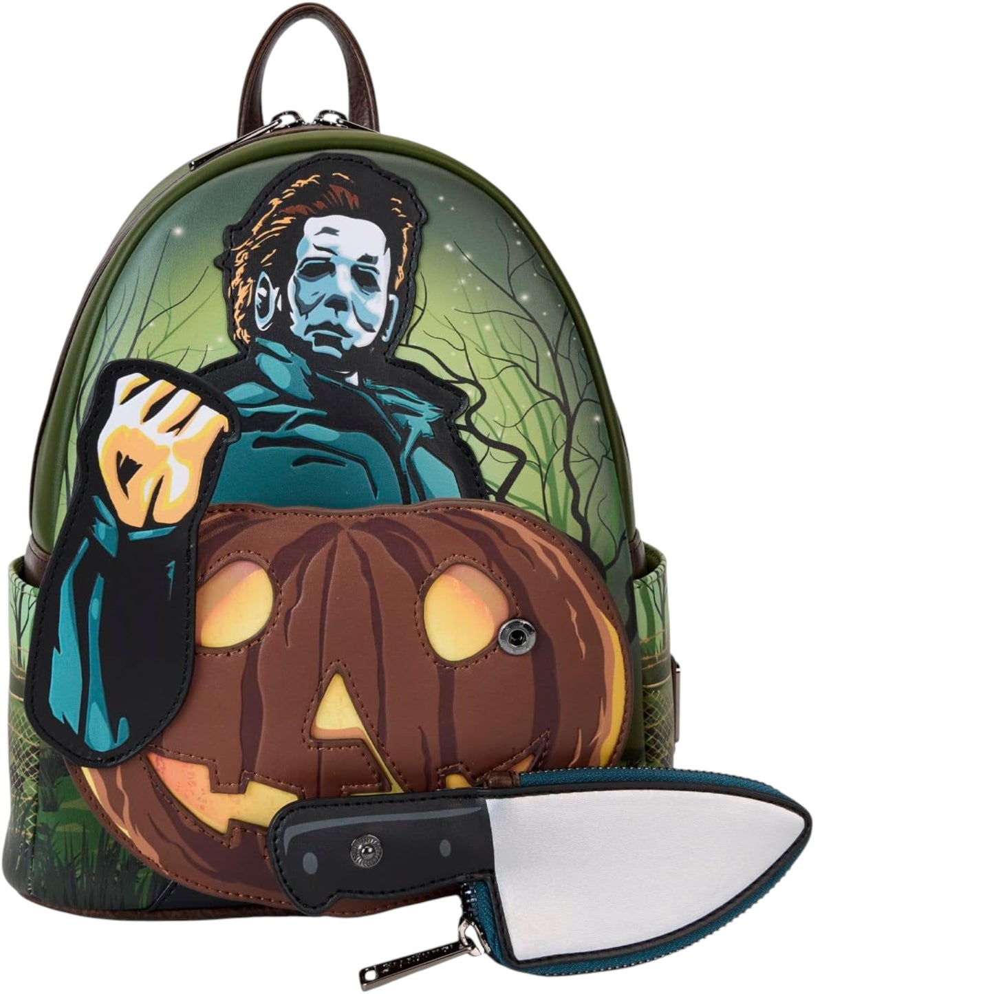 Michael Myers Pumpkin Glow Mini Backpack design featuring a Michael Myers character with an knife on a white background