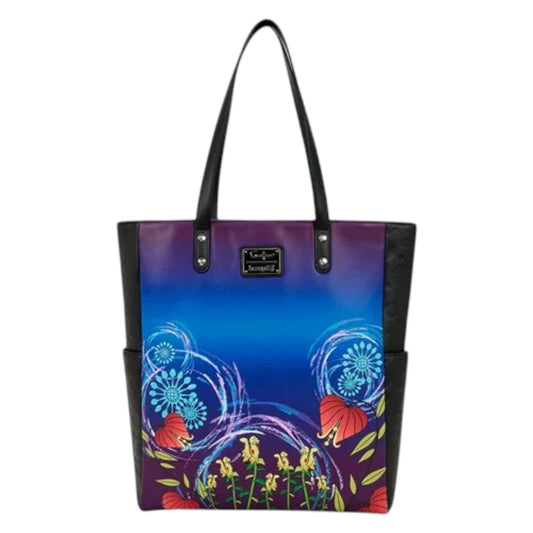 Colorful tote bag with floral design of Coraline Garden on a white background
