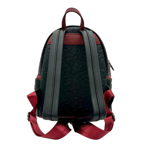 Back of Loungefly Dark Romance Mini Backpack with Black and red straps on a white background