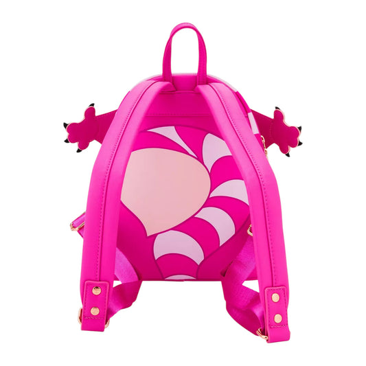 Back of Pink and white striped Loungefly Alice in Wonderland Cheshire Cat Sequin Cosplay Mini Backpack with cat tail character design on a white background