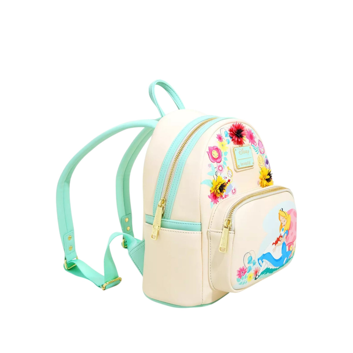 Alice in Wonderland Garden Flowers Mini Backpack with Alice character design laying against a mushroom with floral elements on a white background