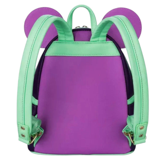 Purple and green backpack with Mickey Mouse ears on a white background