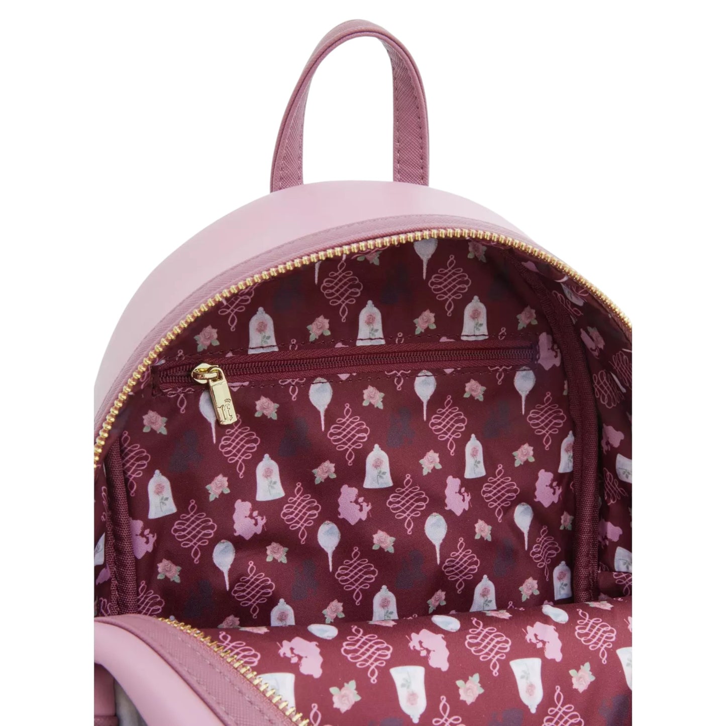 Pink Beauty and the Beast Portrait Mini Backpack with a patterned interior on a white background