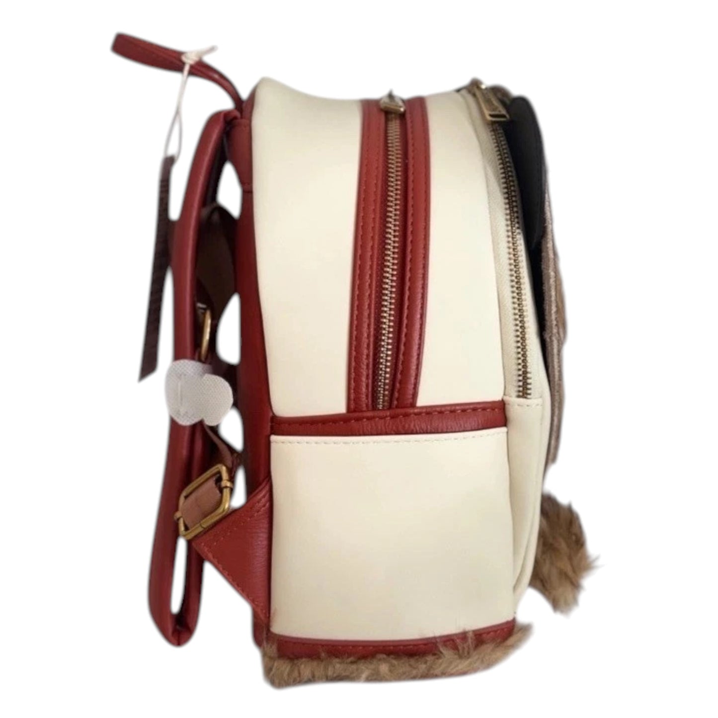 Side of Loungefly Disney Cruise Line Alaska Minnie Mouse Mini Backpack with red and beige design on a white background