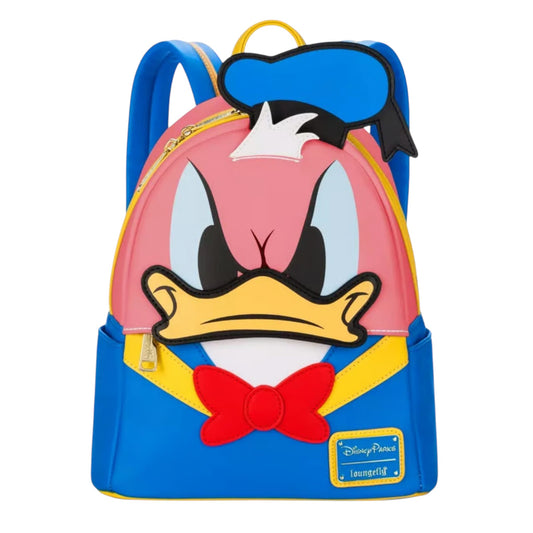Loungefly Disney Donald Duck 90th Anniversary Color Changing Mini Backpack with angry red Donald Duck character face on a white background