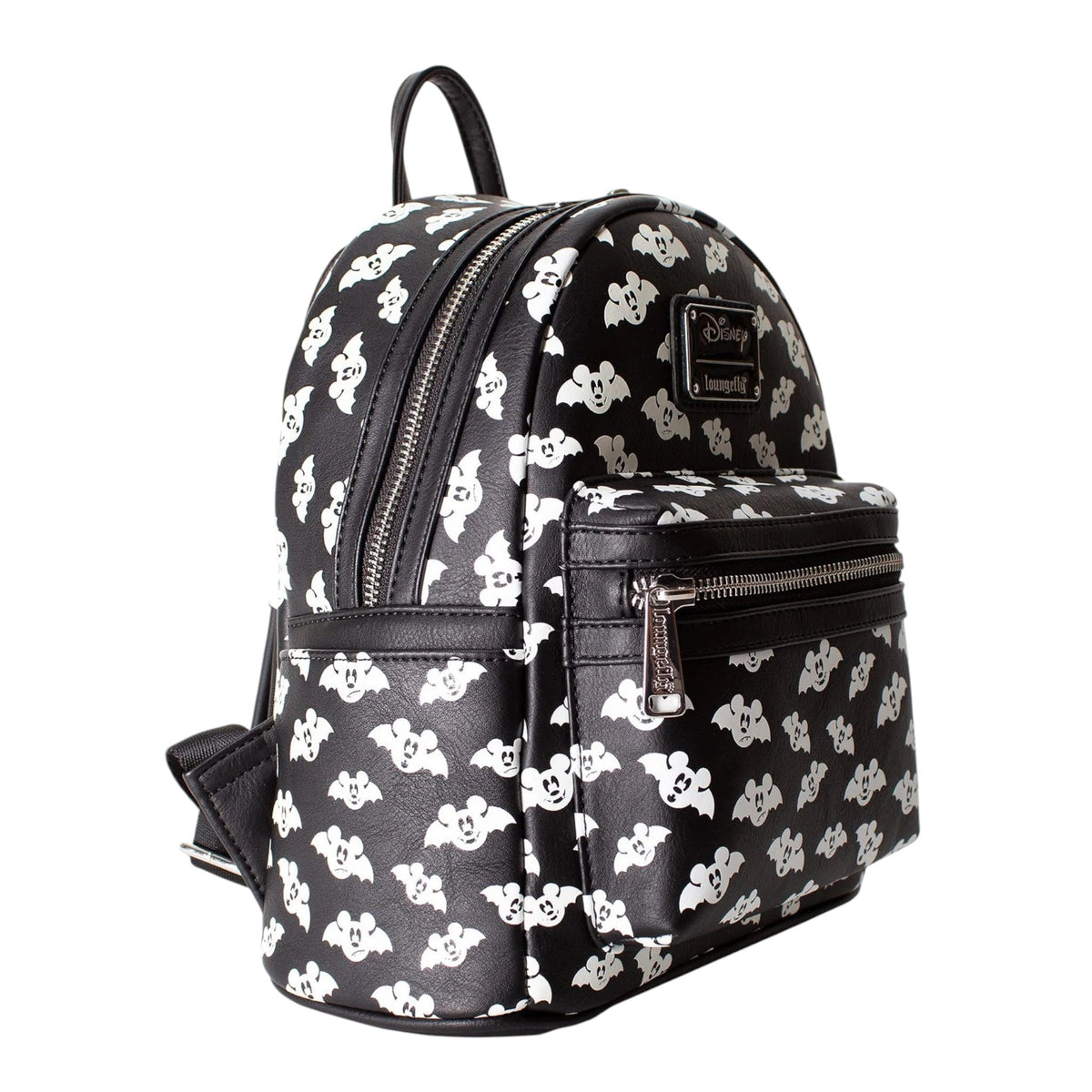 Black Totally Batty Mickey Mouse Bat backpack with white mickey mouse bat head pattern on a white background