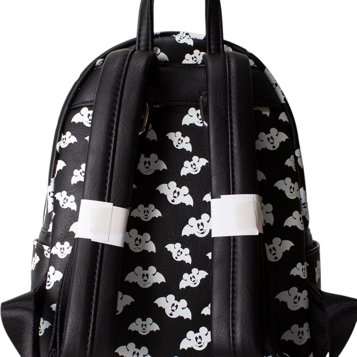 Black Totally Batty Mickey Mouse Bat backpack with white mickey mouse bat head pattern on a white background