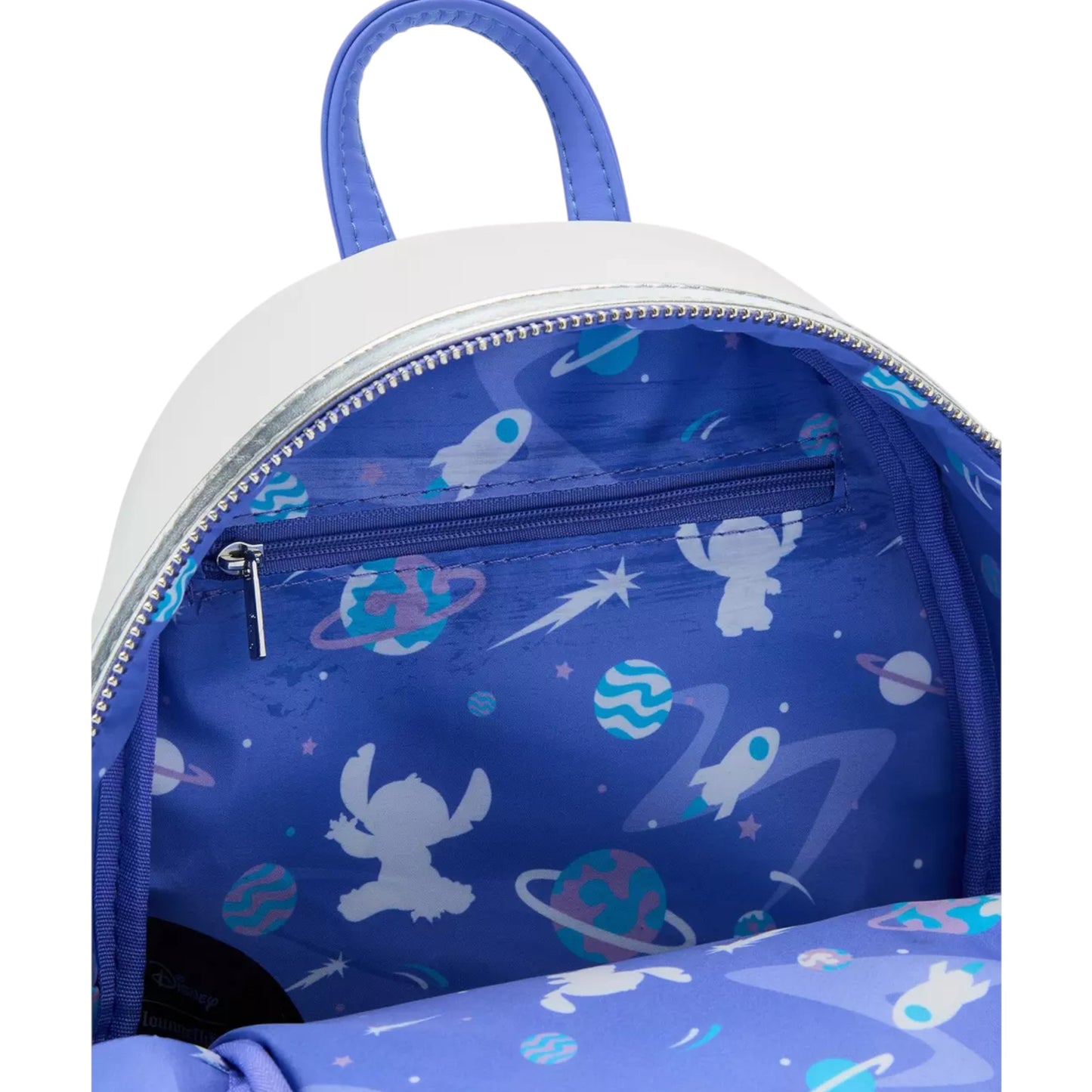 Blue backpack with stitch and space character design on a white background