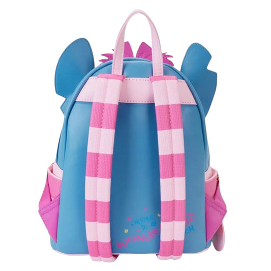Stitch in Cheshire Cat Costume Cosplay Mini Backpack with blue and pink stripes on a white background
