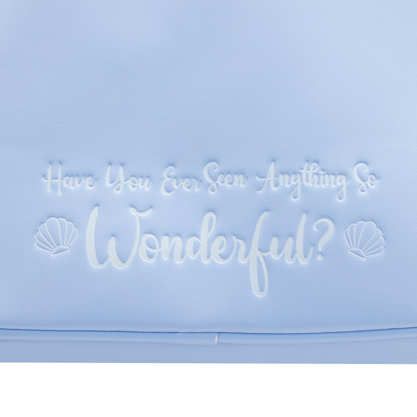Blue Little Mermaid Ariel Sequin Mini Backpack with white "Have You Ever Seen Anything So Wonderful" text and shell designs on a light blue background