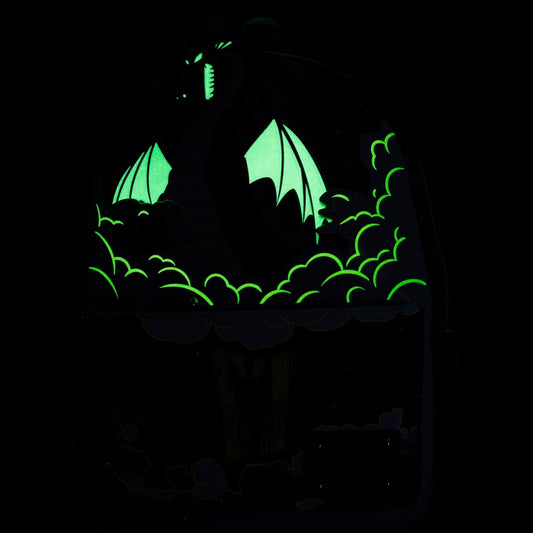 Glowing green Maleficent Dragon silhouette on a black background