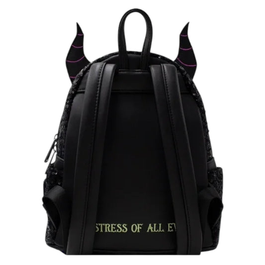 Black backpack with devil horns and 'Mistress of All Evil' text on a white background