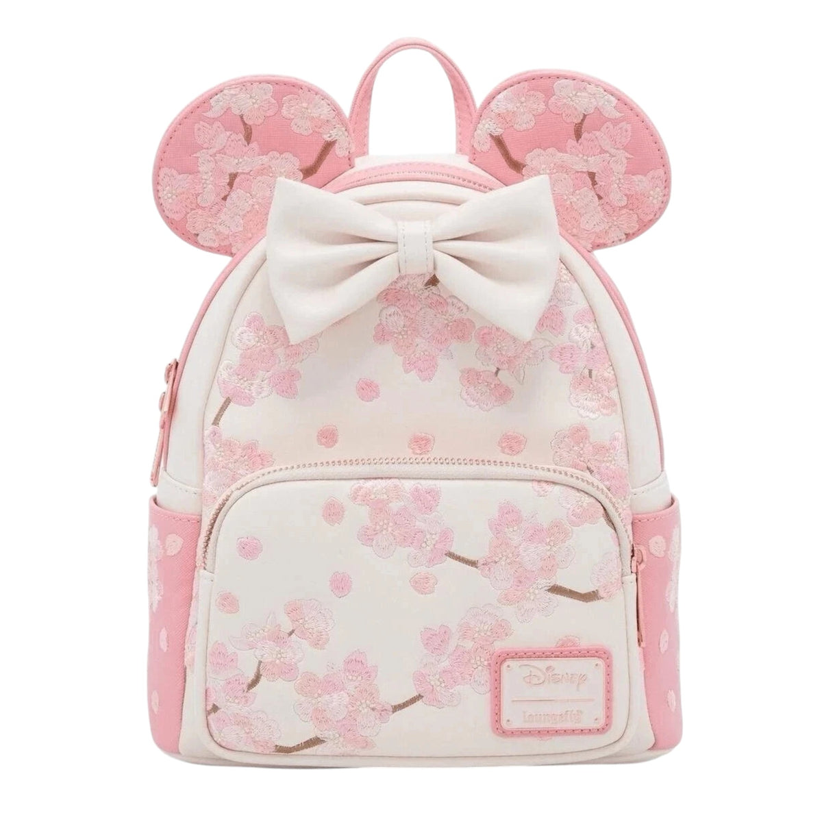 Minnie Mouse Cherry Blossom Ears Backpack with cherry blossom pattern and bow on a white background