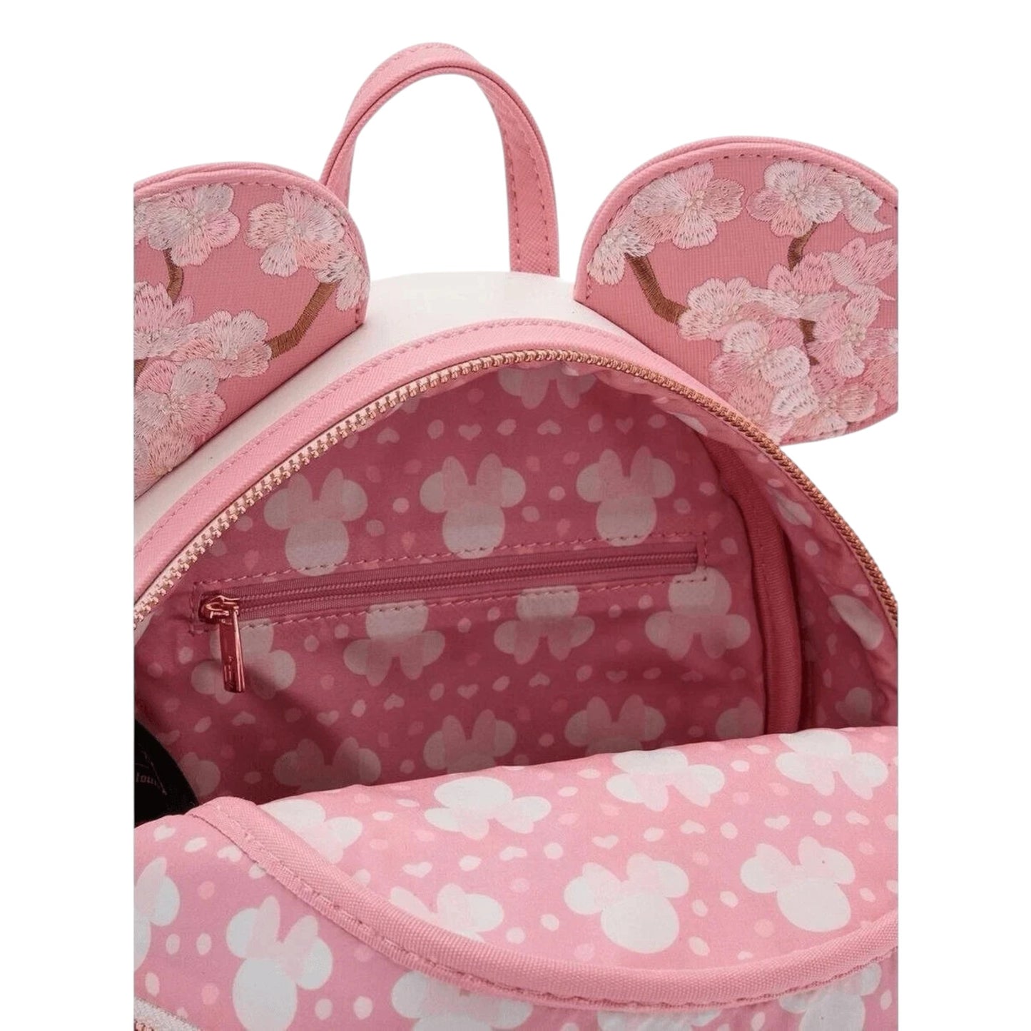 Pink backpack with floral patterns and minnie mouse ears on a white background