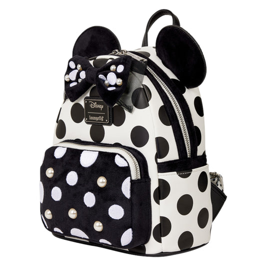 Minnie Mouse Exclusive Polka Dot Pearl backpack with bow and ears on a white background
