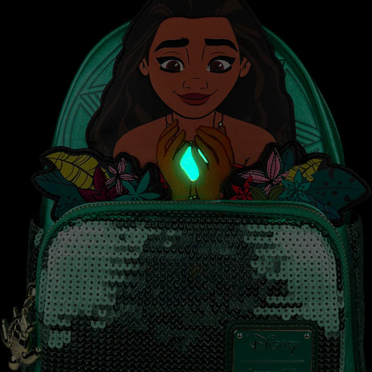 Green Loungefly Disney Moana Heart of Te Fiti Sequin Glow Mini Backpack with Moana Character design holding a glowing green gem surrounded by flowers on a white background