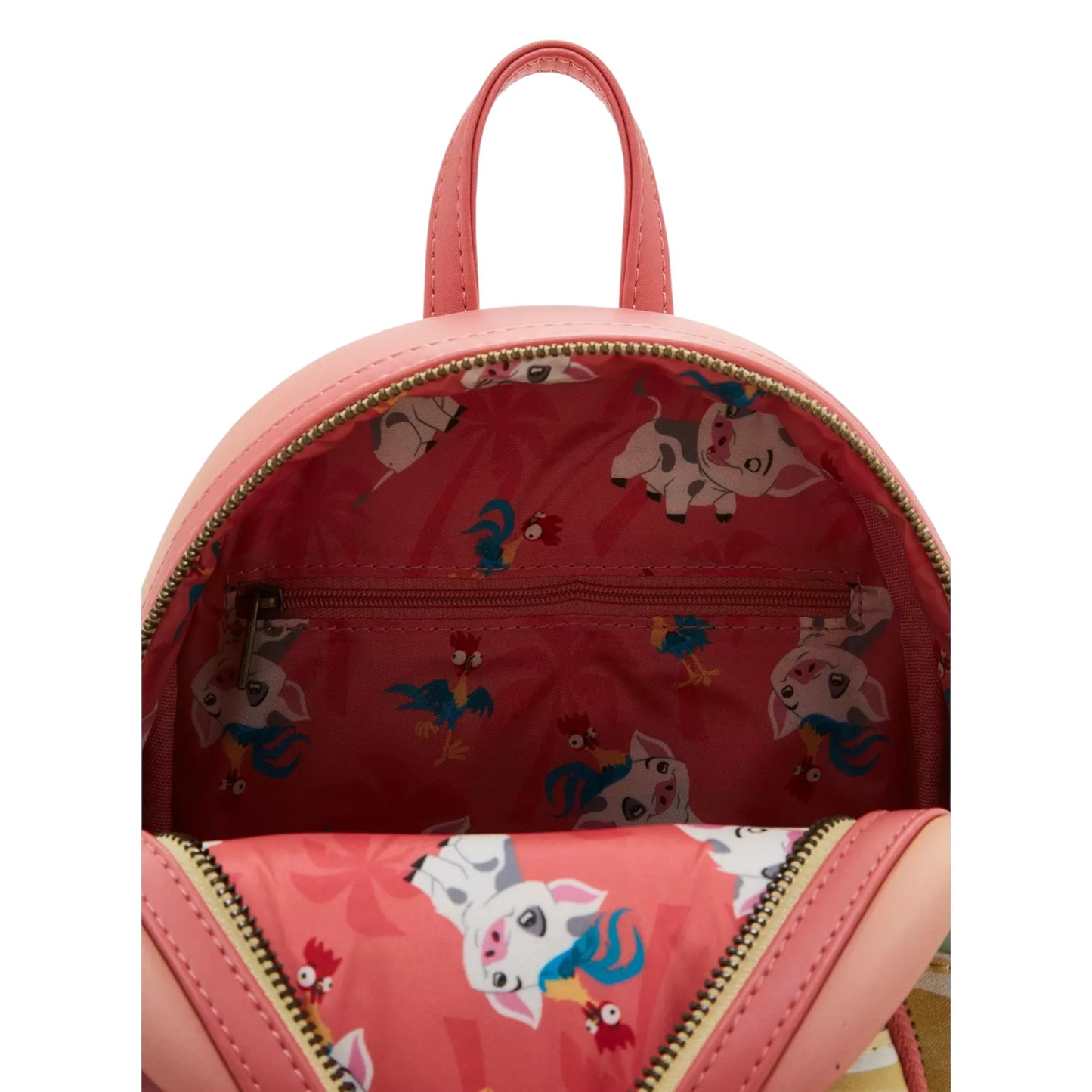 Inside of Loungefly Disney Moana Pua & Hei Hei Sunset Mini Backpack with Pua & Hei Hei character design patterns on a pink background