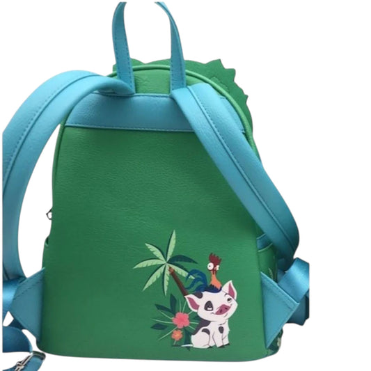 Back of Loungefly Disney Moana Te Fiti Cosplay Mini Backpack with Hei Hei and Pua characters with blue straps featuring on a white background
