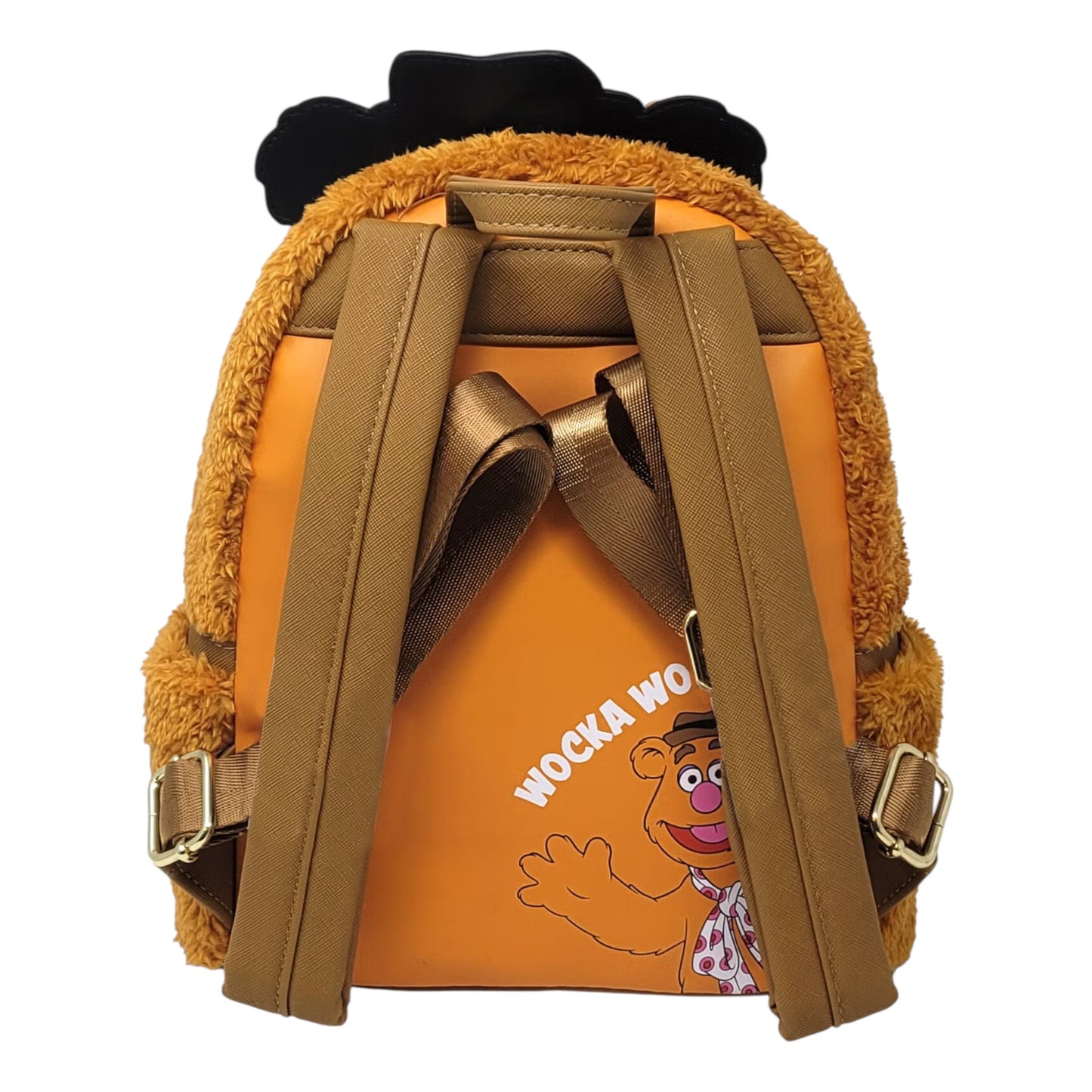 Backpack with fuzzy brown exterior and Muppets Fozzie Bear character on orange background