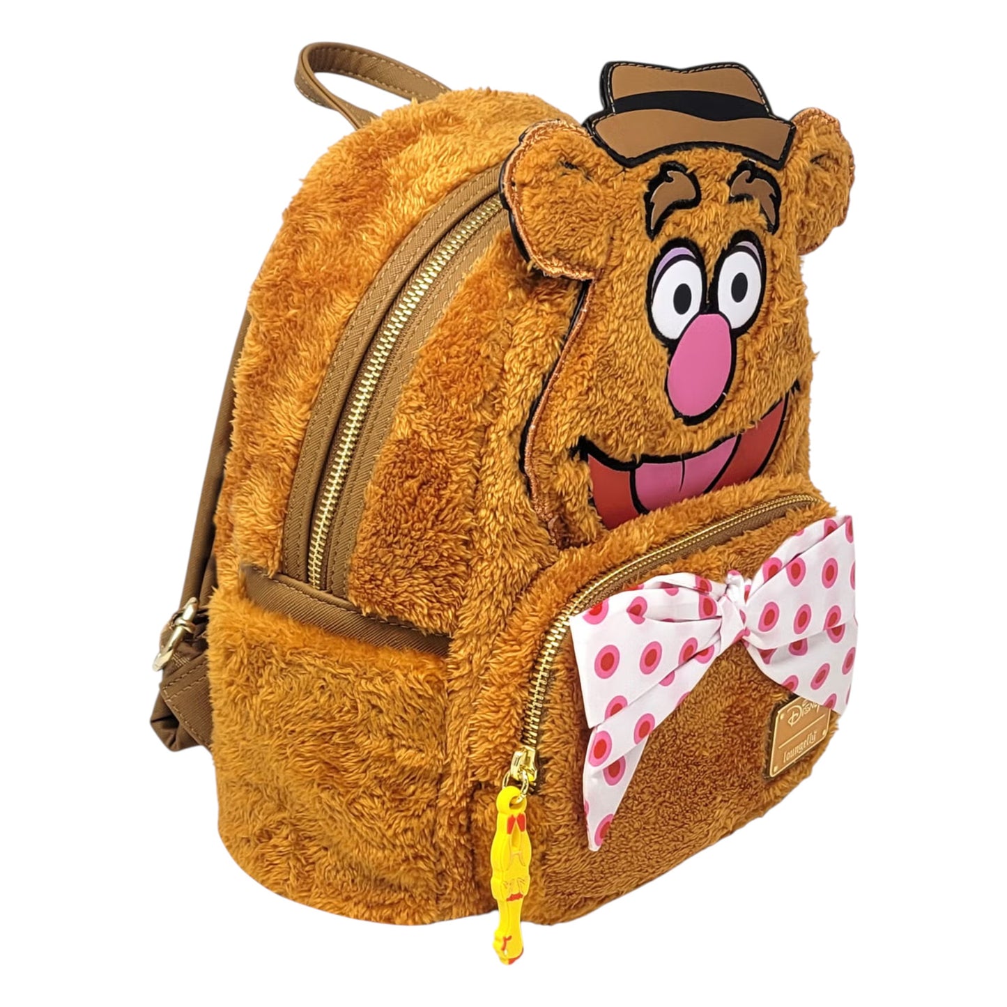 Fuzzy backpack with Muppets Fozzie Bear character face on a white background