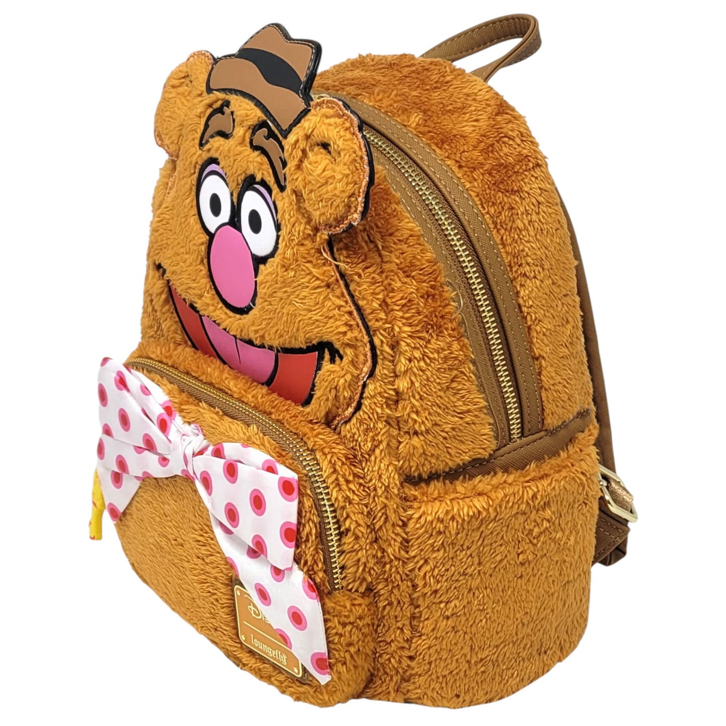 Plush backpack with Muppets Fozzie Bear character face on a white background