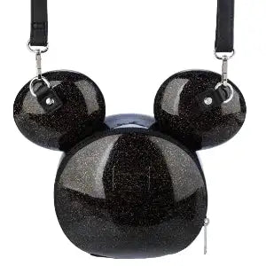 Back view of Mouse Black Glitter Molded Head Crossbody Bag on a white background