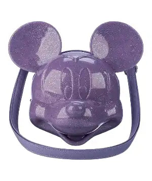 Front view Mickey Mouse Purple Glitter Molded Head Crossbody Bag on a white background