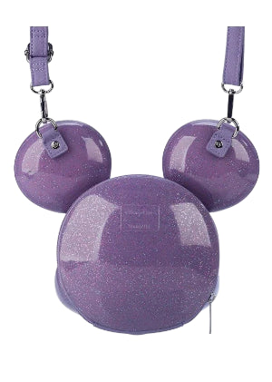 Rear view Mickey Mouse Purple Glitter Molded Head Crossbody Bag on a white background