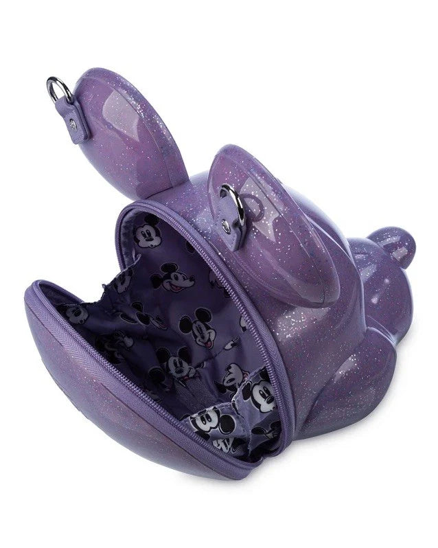 Purple glittery Mickey Mouse Purple Glitter Molded Head crossbody bag with a clear plastic compartment on a white background