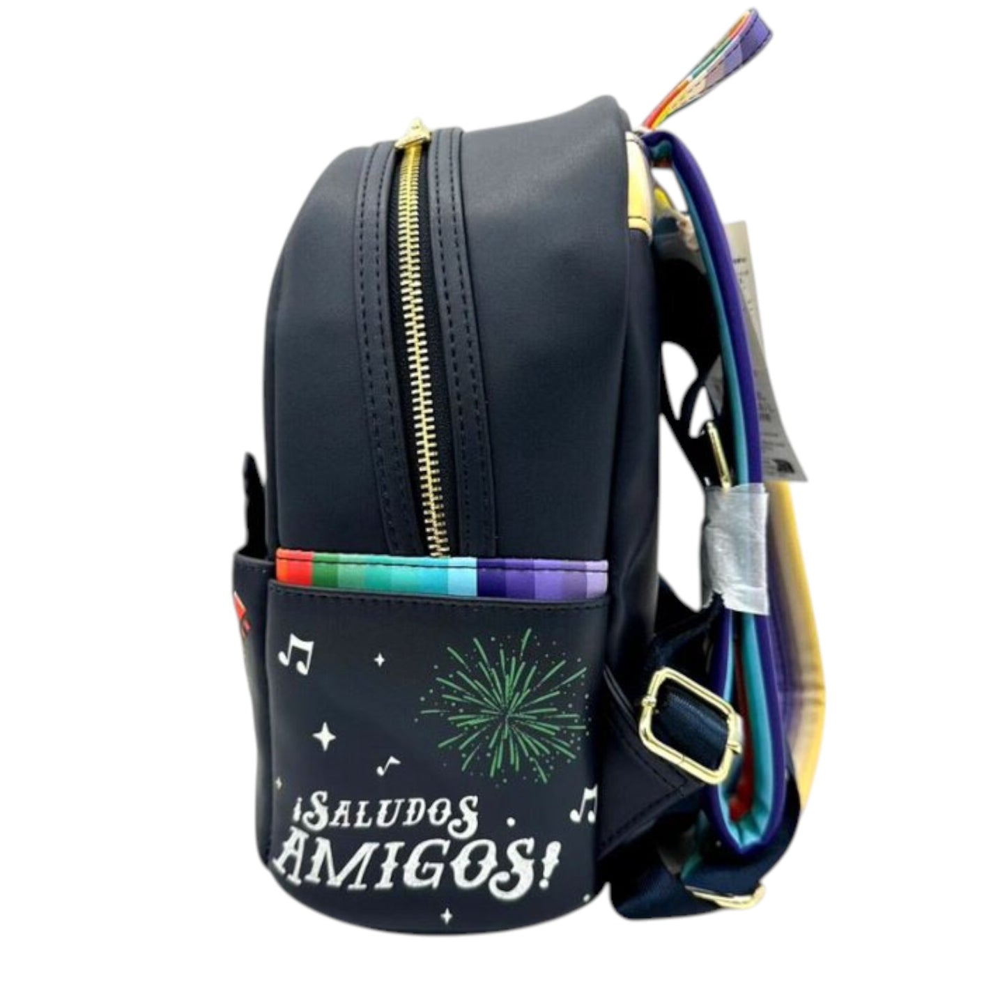 Black The Three Caballeros backpack with colorful accents and 'Saludos Amigos!' text on a white background