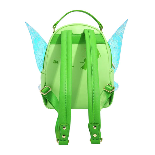 Back of Green Loungefly Disney Peter Pan Tinker Bell Wings Figural Mini Backpack with Tinker Bell fairy wings and green straps on a white background